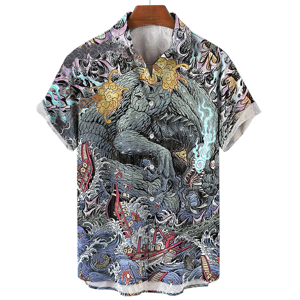 Summer Men Shirt Hawaiian Dragon Tiger Animal Social Oversized Tropical Short Sleeve Casual Floral Breathable Y2k Clothes Slim