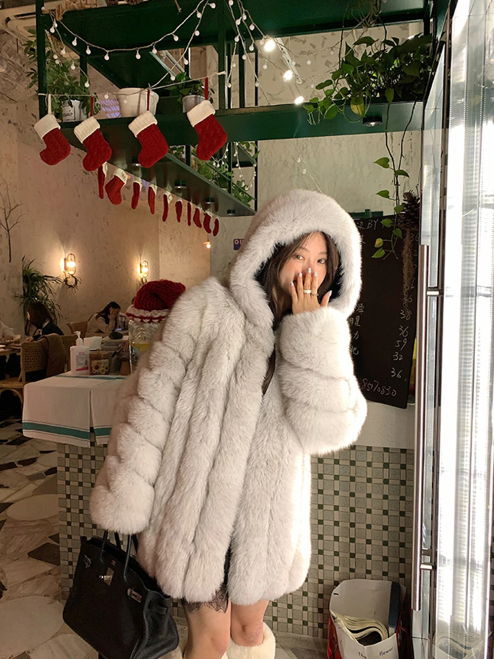 Winter Hooded Fox Fur Long Coat For Women Luxury White Real Fur Coat With Hood Plus Size Jacket With Natural Fur Female