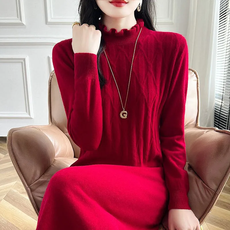 Winter Clothes Woman Half Turtleneck Warm Pullover Tops Spring Autumn Long Dress Fashion Knitwear Woolen Sweater For Women