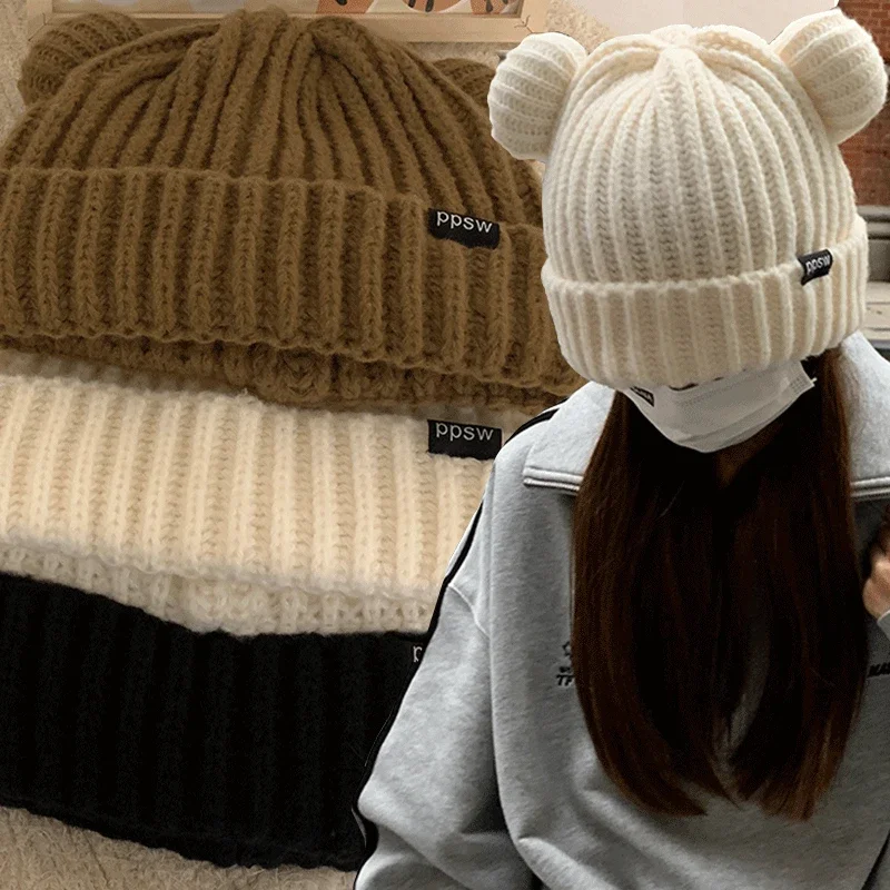 Y2K Bear Ears Thicken Hats Women Soft Harajuku Plush Ear Head Protection Cute Knitted Korean Wool Caps Cool Girl Handmade Beanie