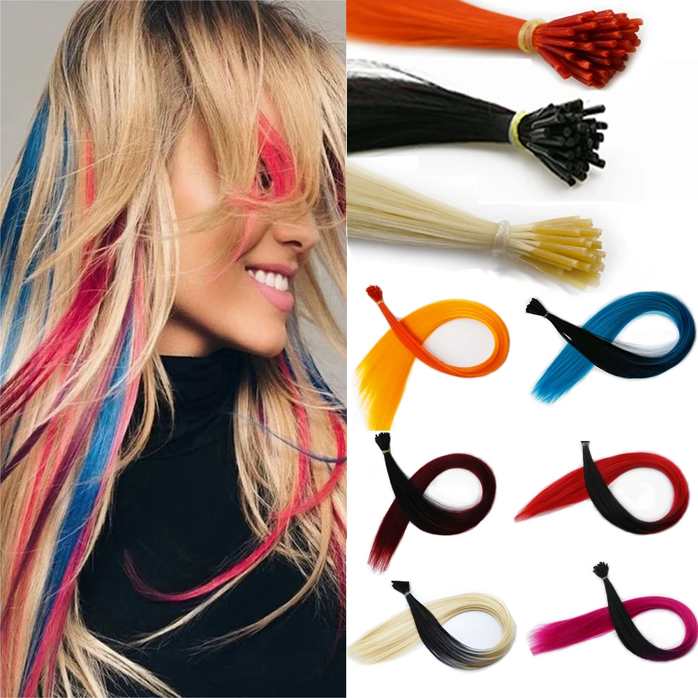 

50 Strands/set I Tip hair Extensions Long Straight Hairpieces Rainbow Color Hair Extensions 20inch Synthetic Hair Ombre Color
