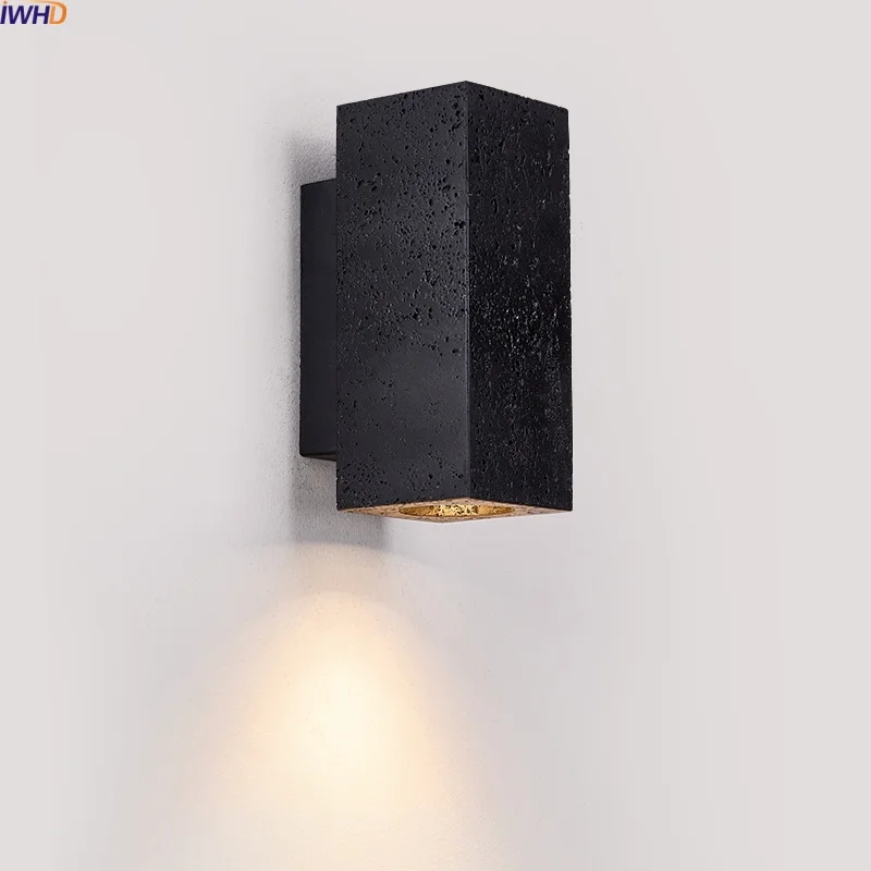 

IWHD Black Travertine Stone LED Wall Light Fixture Indoor For Bathroom Living Room Decor Wabi Sabi Bedside Lamp Lampara De Pared