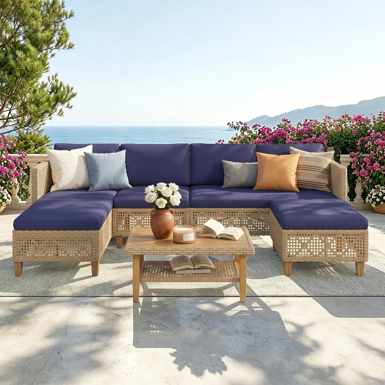 Wicker Patio Sectional Sofa with Cushions & Wood Coffee Table, U-Shaped Outdoor Conversation Set for Deck or Porch, 6 Seats, Cus