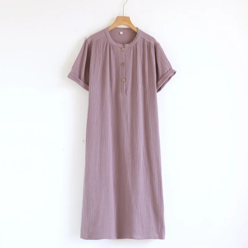 

Summer Mid-long Style Women's Short Sleeved Pajamas Nightgowns Thincotton Cardigan and Round Neck Simple Solid Color Sleep Dress