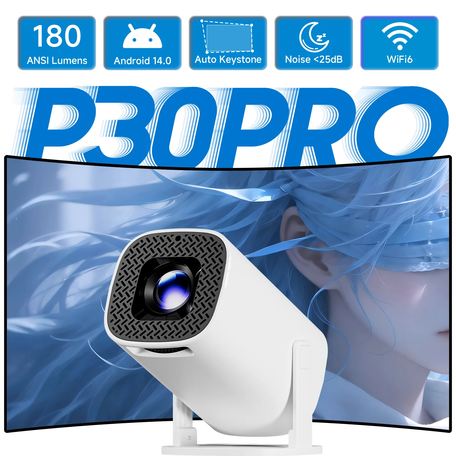 

P30PRO Android 14 Smart Mini Projector 4K HD Video WiFi 6 Native 720p Зеркальный экран Домашний кинотеатр Открытый портативный проектор