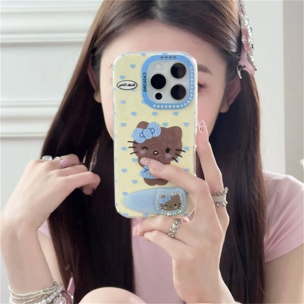 

Korean Cute Hair Clip Stand Holder Phone Case For iPhone 16 Pro 15 14 Pro Max Back Cover Cartoon Hello Kitty Cases Capa