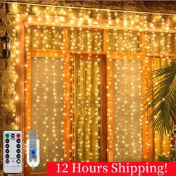 Natal Decoração Curtain Guirlanda, Luzes LED, Controle remoto USB, Fairy Lights para quarto, Casa