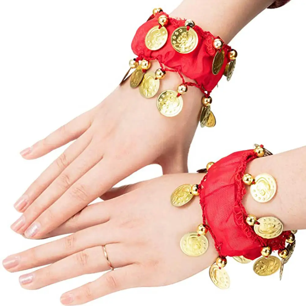 Dança do Ventre Punhos Tornozelo Pulso, Chiffon Ouro Coin Pulseiras, chocalho Pulseira, acessório do traje, 11 cores, 1 par