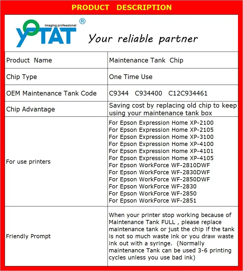 C9344 Maintenance  Tank Chip Compatible For Epson  EWMB3 use in EW-452A EXP-2100 XP-2105 XP-3100 XP-3105 XP-4100 XP-4105 WF-2810