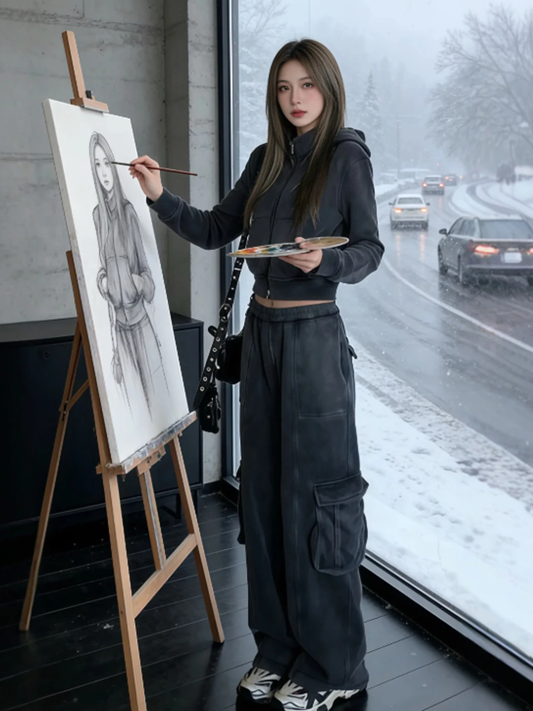 

Ретро-комплект из свитшота и брюк с широкими штанинами в стиле рабочей одежды, очень красивый, с эффектом высокого класса, для зимы