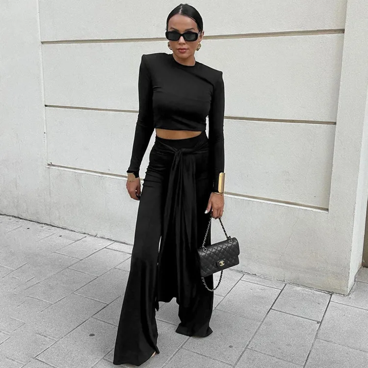 Blifanbo Pantaloni lunghi causali autunnali Set da due pezzi Top slim a maniche lunghe da donna e pantaloni lunghi con lacci alla moda Set moda elegante