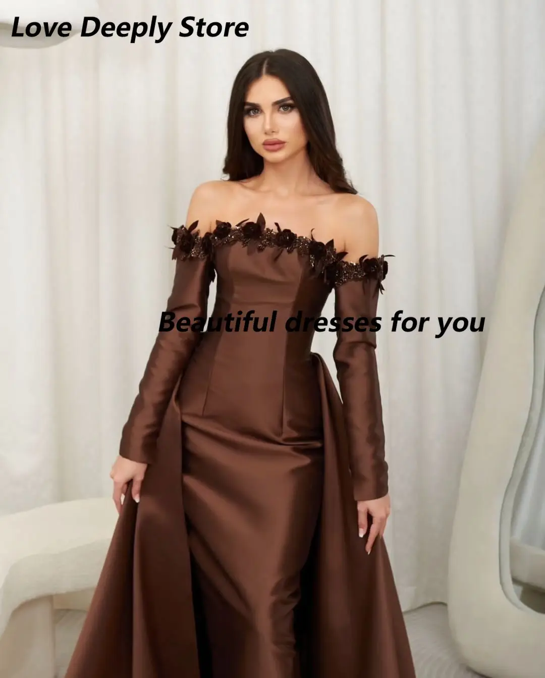 Customized Off The ShoulderBeadings Flowers Evening Dresses Long Sleeves Floor Length Prom Dresses Backless Party Dresses