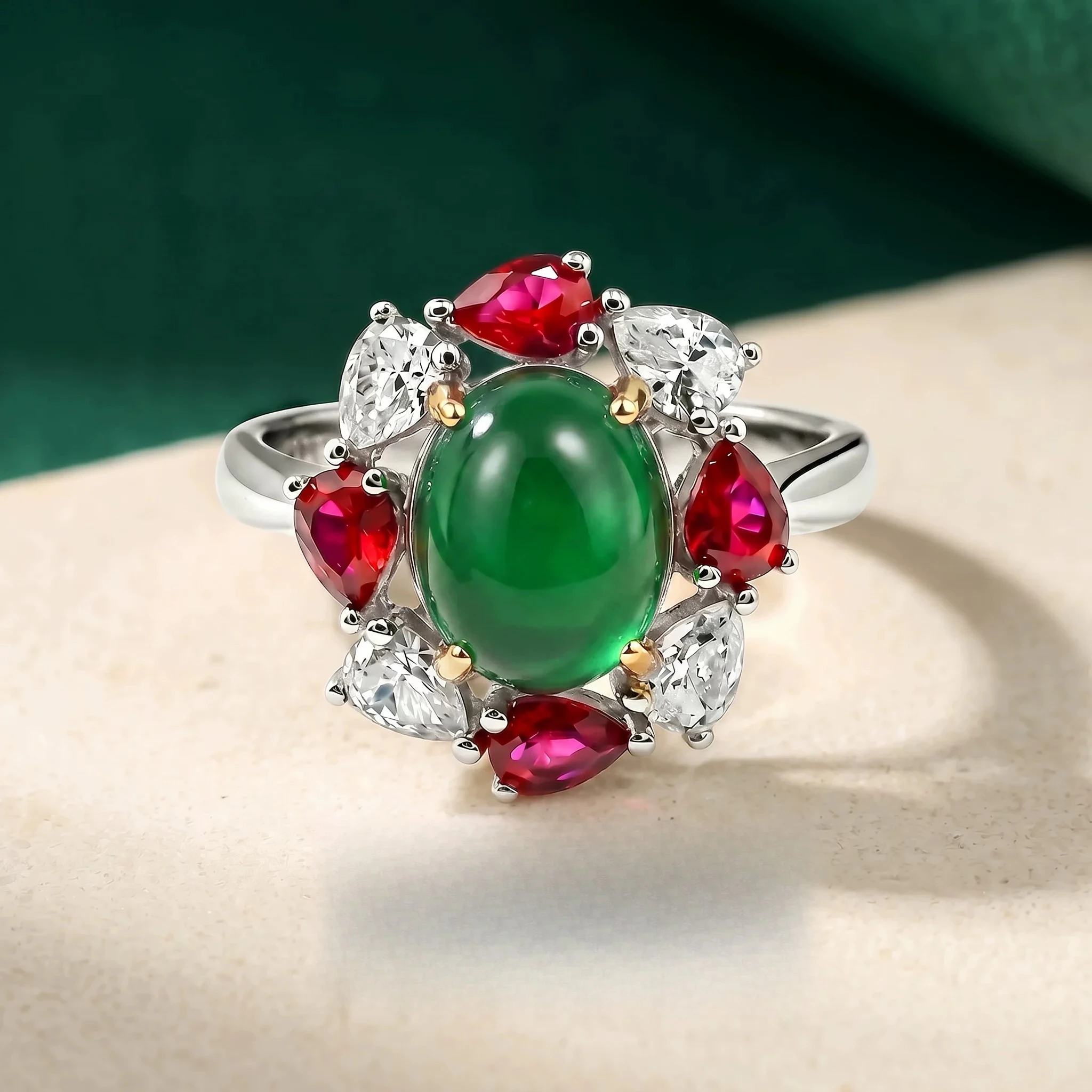 

925 silver oval colored treasure ring for women, set with contrasting colors, light luxury and high-end temperament jewelry