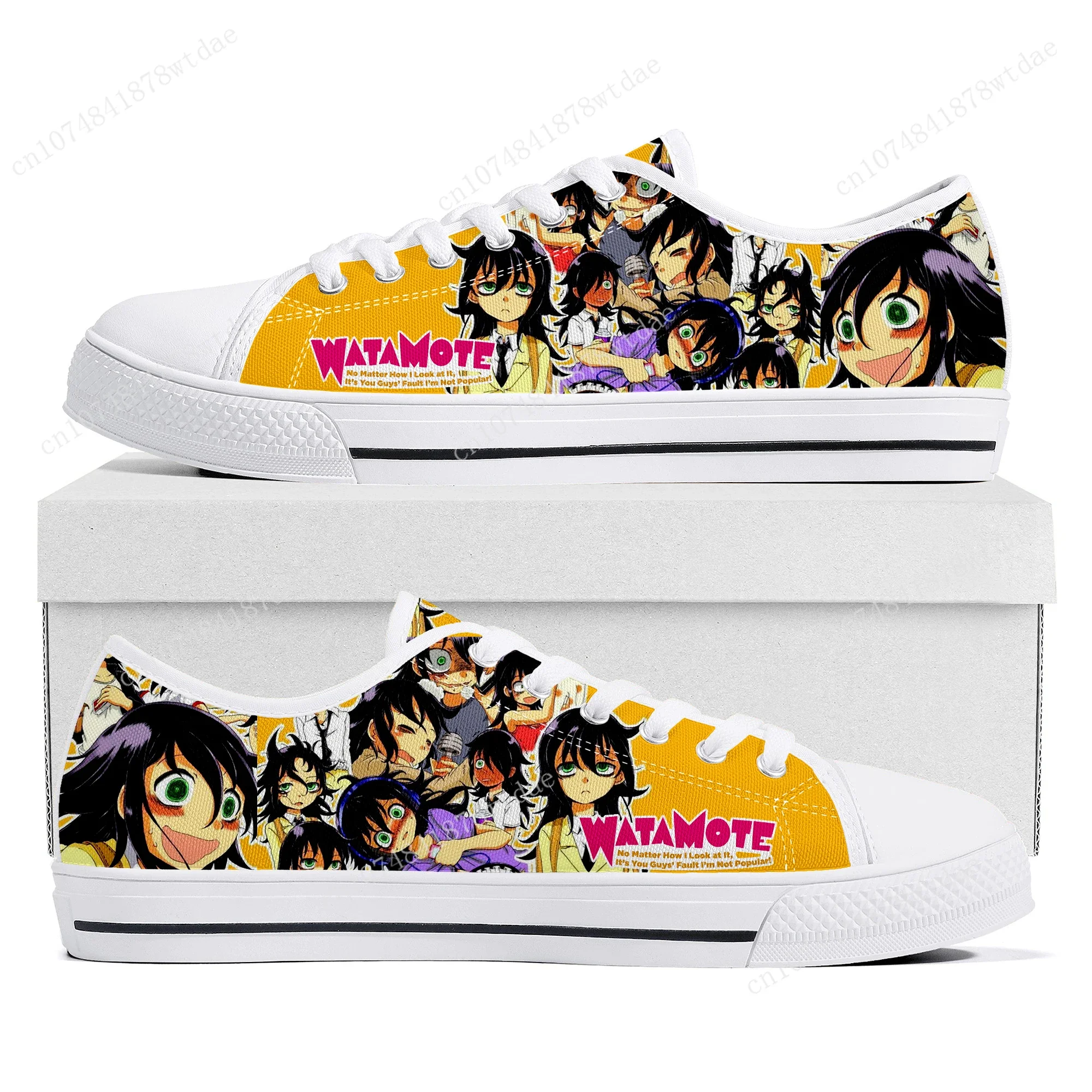 Watamote Kuroki Tomoko Sneaker wanita remaja, Sneaker kanvas kualitas tinggi, komik pasangan, sepatu buatan kustom