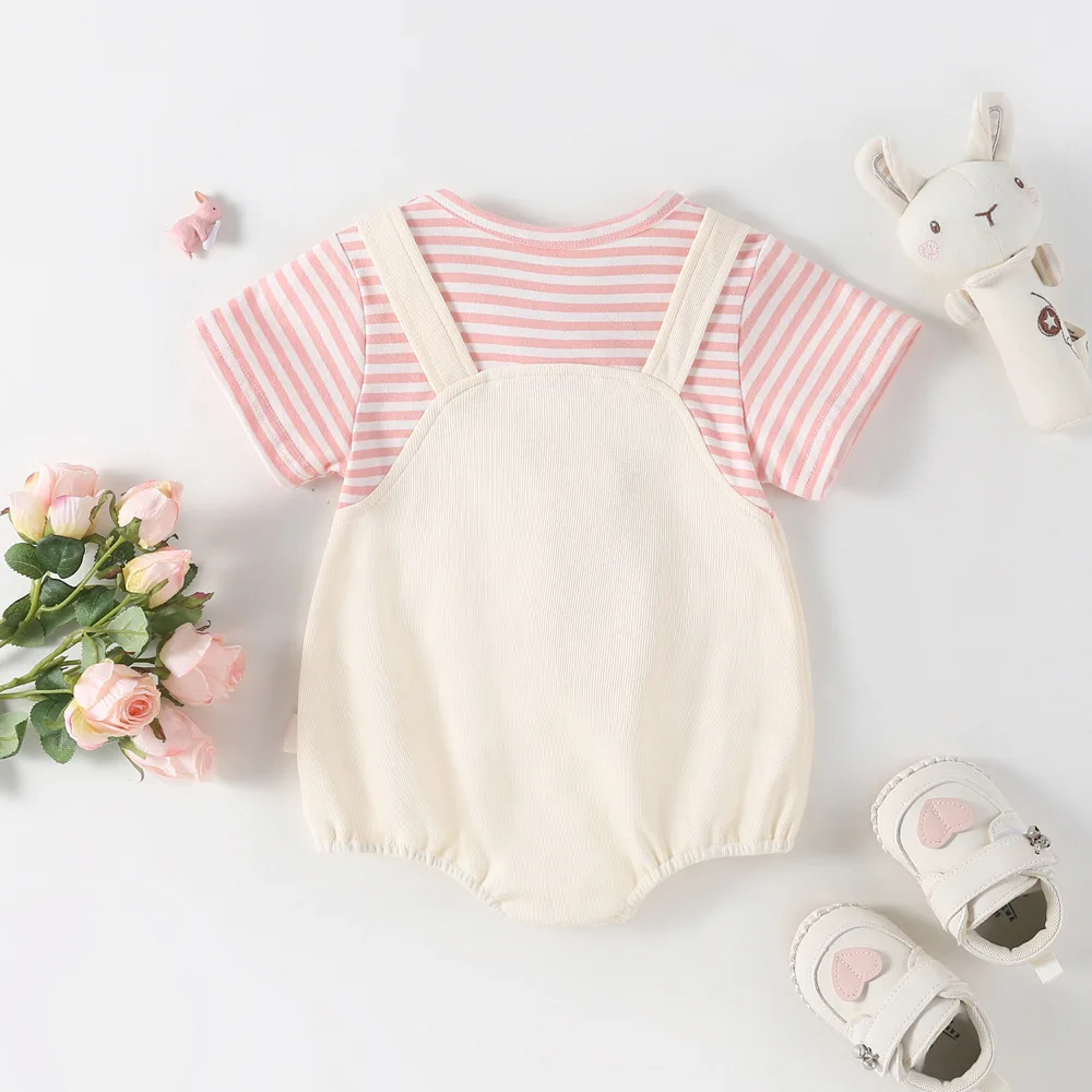 2024 New Summer Baby Rabbit Bodysuit Girls Sweet Cute Stripe Bunny One Piece Toddler Outwear Clothes