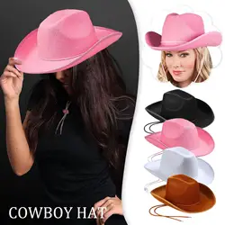 Retro Western Cowboy Hat For Women Pink Wide Brimmed Cowgirl Hat Felt Rope Rider Cowboy Hat For Disco Costume Party Accessories