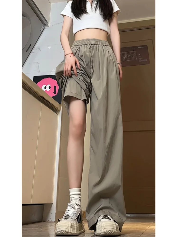 

Мужские летние брюки оверсайз из ледяного шелка, свободного кроя, в американском стиле, с защитой от солнца, цвет кофе, широкие штанины