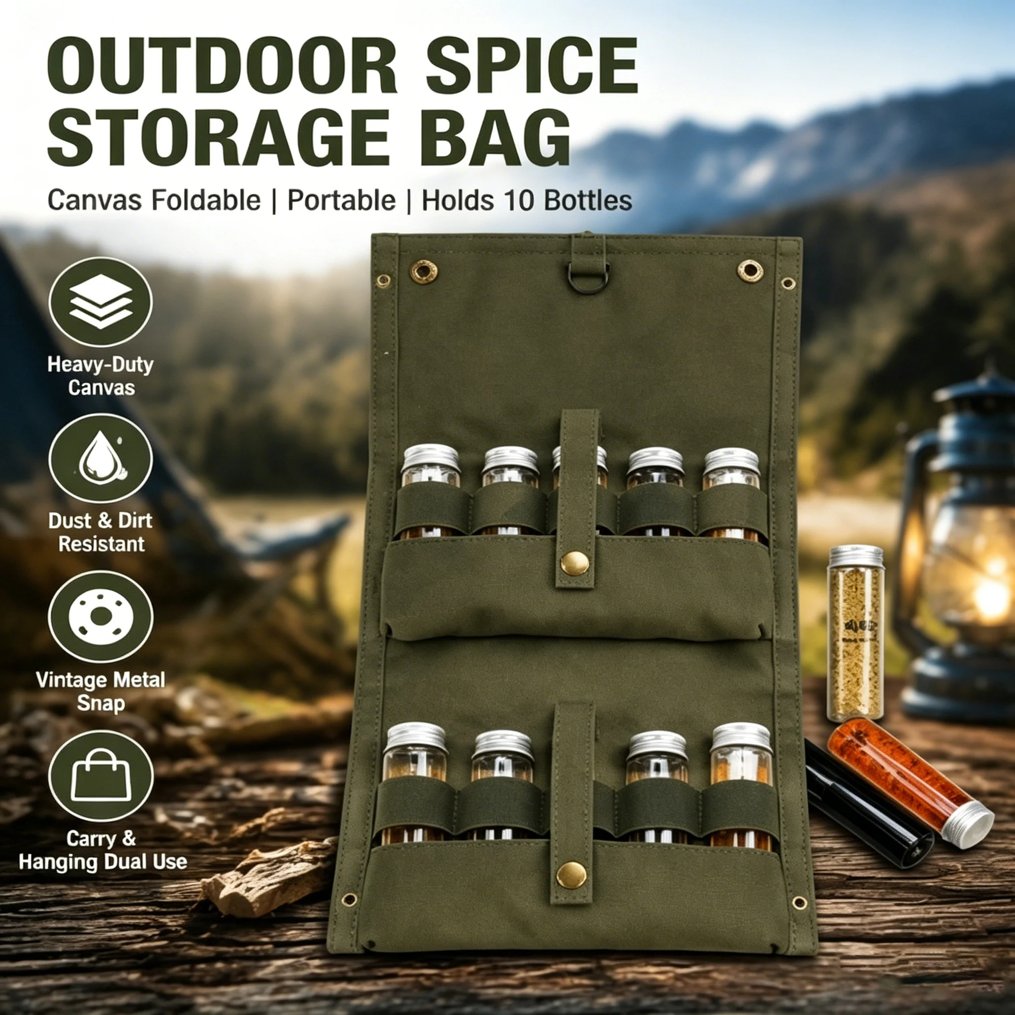 Bolsas de Almacenamiento para Especias de Camping, Bolsa de Lona Plegable y Portátil para Botellas de Condimento para Barbacoa y Picnic, Organizador de Condimentos