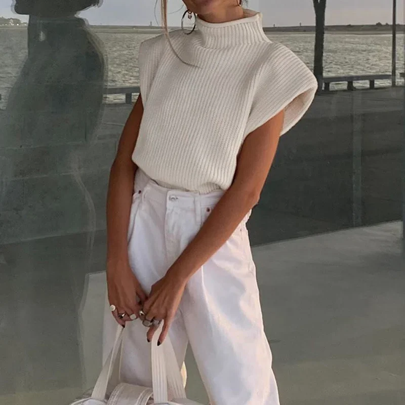 2023 Winter Basic Knitted Vest Turtle Neck Short Sleeve Solid Color Plain Shoulder Pads Elegant Sweater for Women Korean Fashion