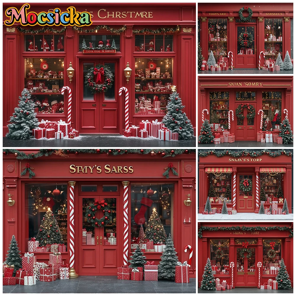 

Mocsicka Red Christmas Gift Shop Photo Backdrop Xmas Wreath Candy Snow Tree Photography Background Family Portrait Party Decors
