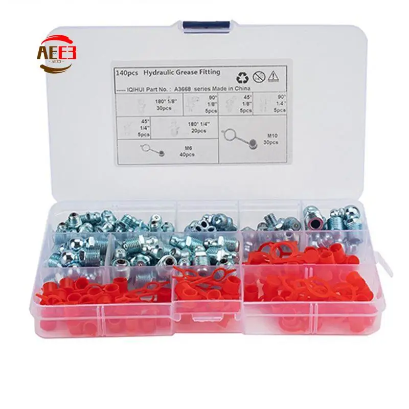 

AEE3-140 шт./компл., изогнутый смазочный ниппель, прямые смазочные фитинги, аксессуары для смазочных фитингов, колпачки, гидравлическая смазка Zerk, прочная