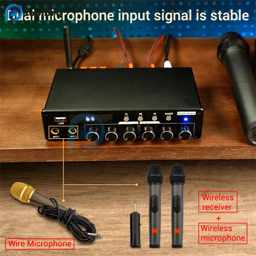 KTV усилитель для караоке, домашний кинотеатр, поддержка AUX U-дискового микрофона, Bluetooth 5,0 для 20-100 Вт, 3-8 Ом, динамик, сабвуфер, 12-24 В постоянного тока