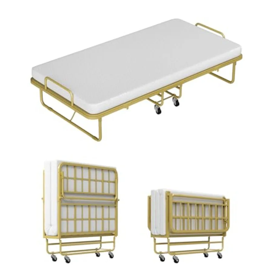 Folding Bed with Mattress 31 Space-Saving Guest Cot for Small Apartments, Compact Design, Gray Fabric, Easy Setup Fold, Lightwe