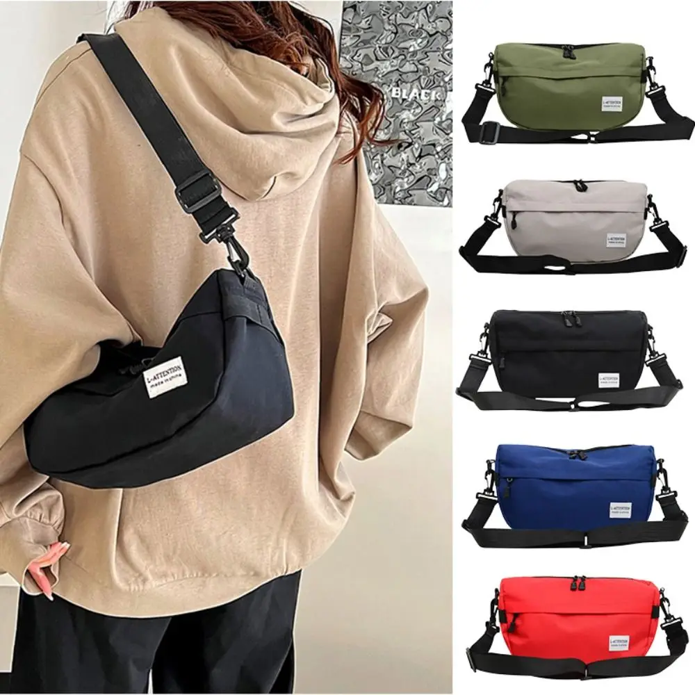 Solid Color Messenger Sling Bag Fashion Zipper Large Capacity Crossbody Bag Outdoor Sports Nylon Shoulder Bag