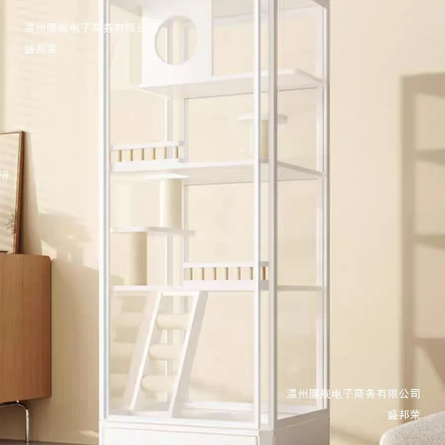 Panoramic glass cat villa household solid wood cage cat litter box integrated house luxury house