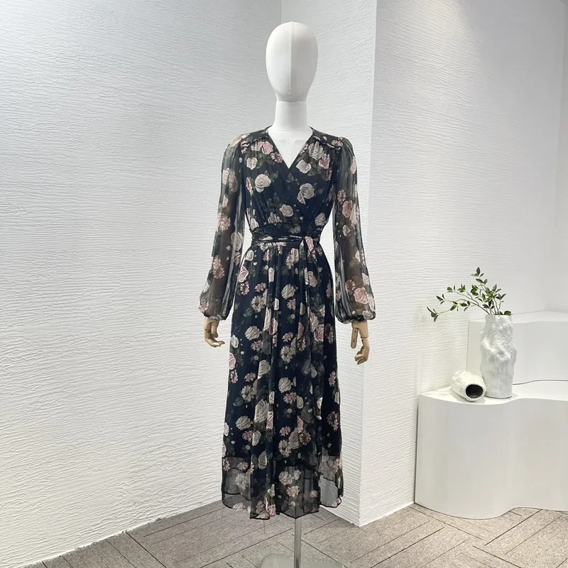 2024 new high quality silk black peony flowers print long sleeve belt vintage women wrap midi dress