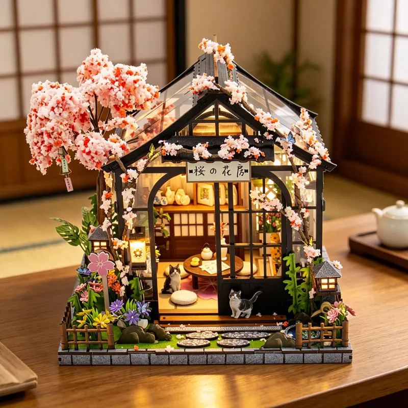 

Zuuton DIY Miniature Dollhouse Kit Japanese Sakura Tea House with Light 3D Wooden Puzzle Book Nook For Adults Birthday Gift Home