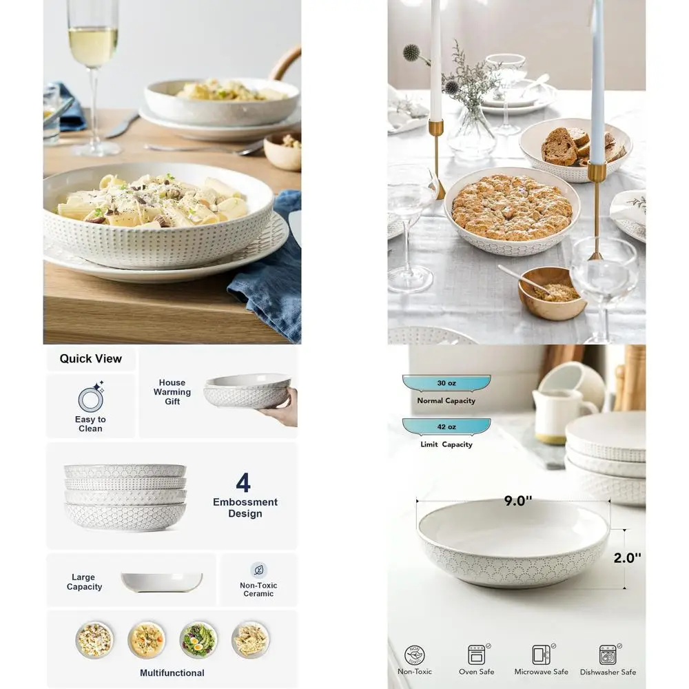 

Set of 4 Arctic White 9 Inch Ceramic Pasta & Salad Bowls, Stoneware Serving Plates for Fruits, Noodles & Dinner, Perfect for Hou