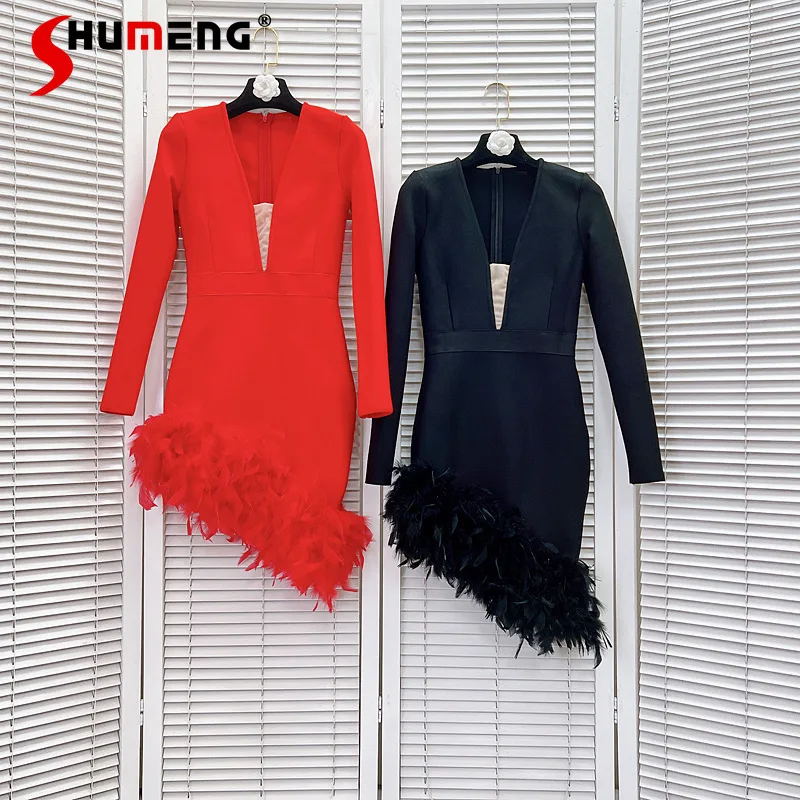 

Bandage Dress American Style V-neck Low-Cut Sexy Long Sleeve Feather Black Dresses Zipper Black Red Long Sleeved Women's Clothes