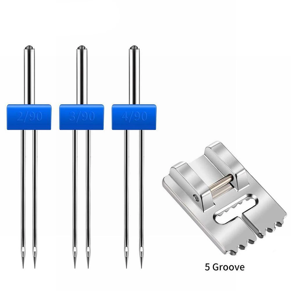4pcs Twin Needles Sewing Machine Set with Wrinkled Presser Foot 234mm for Decorative Stitching and Pleating on Fabrics