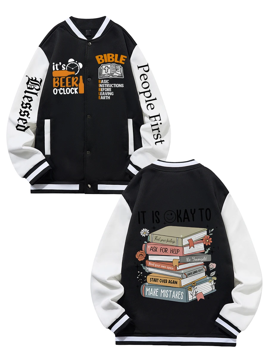 

Black Blue Green Double-sided Christmas Print XS-XXL Unisex Baseball Jacket Streetwear Coat Warm Fleece Soft Jacket