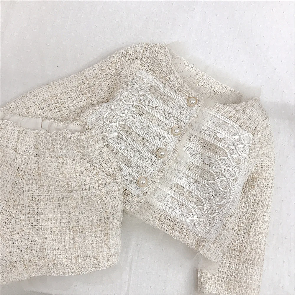 Spring Children Girl 2PCS Clothes Set Lace Pearl Button Long Sleeve Coat Solid Casual Loose Short Baby Girl Outfit Kid Girl Suit