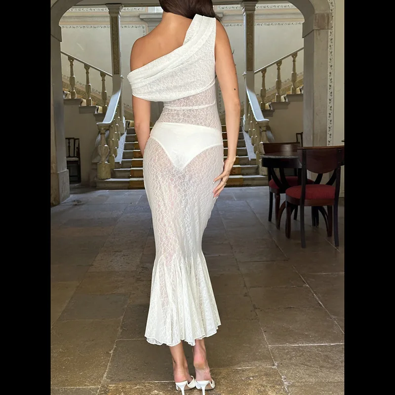 Boat Neck Sheer Women Mermaid Skirt Pleated Backless Evening Dress White High Waist Sleeveless Party Gown New Design In Stock