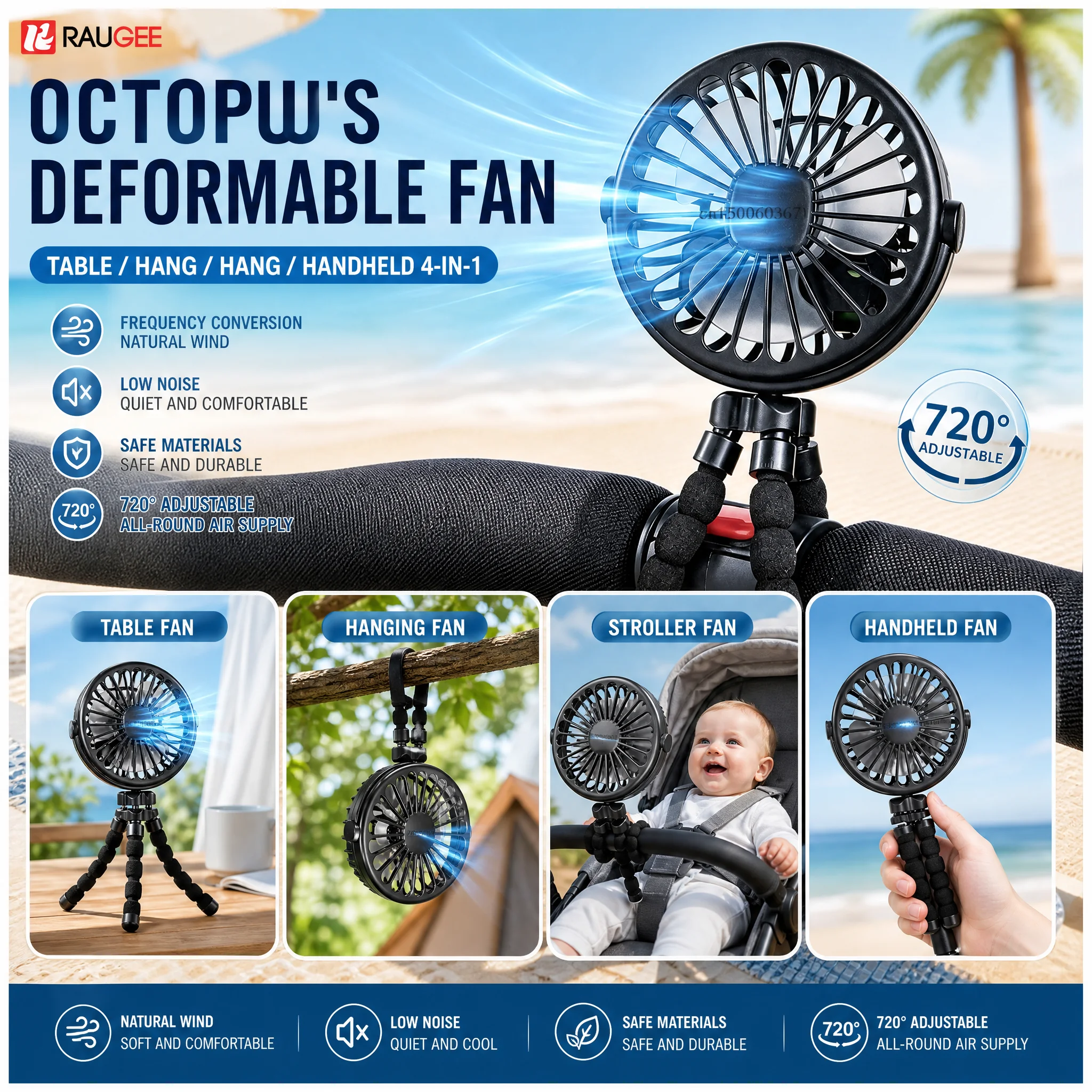 2026 New Upgrade Mini Clip Fan Portable Stroller Smart Octopus Handheld Fan 360° Rotate Bike Car Tripod Rechargeable