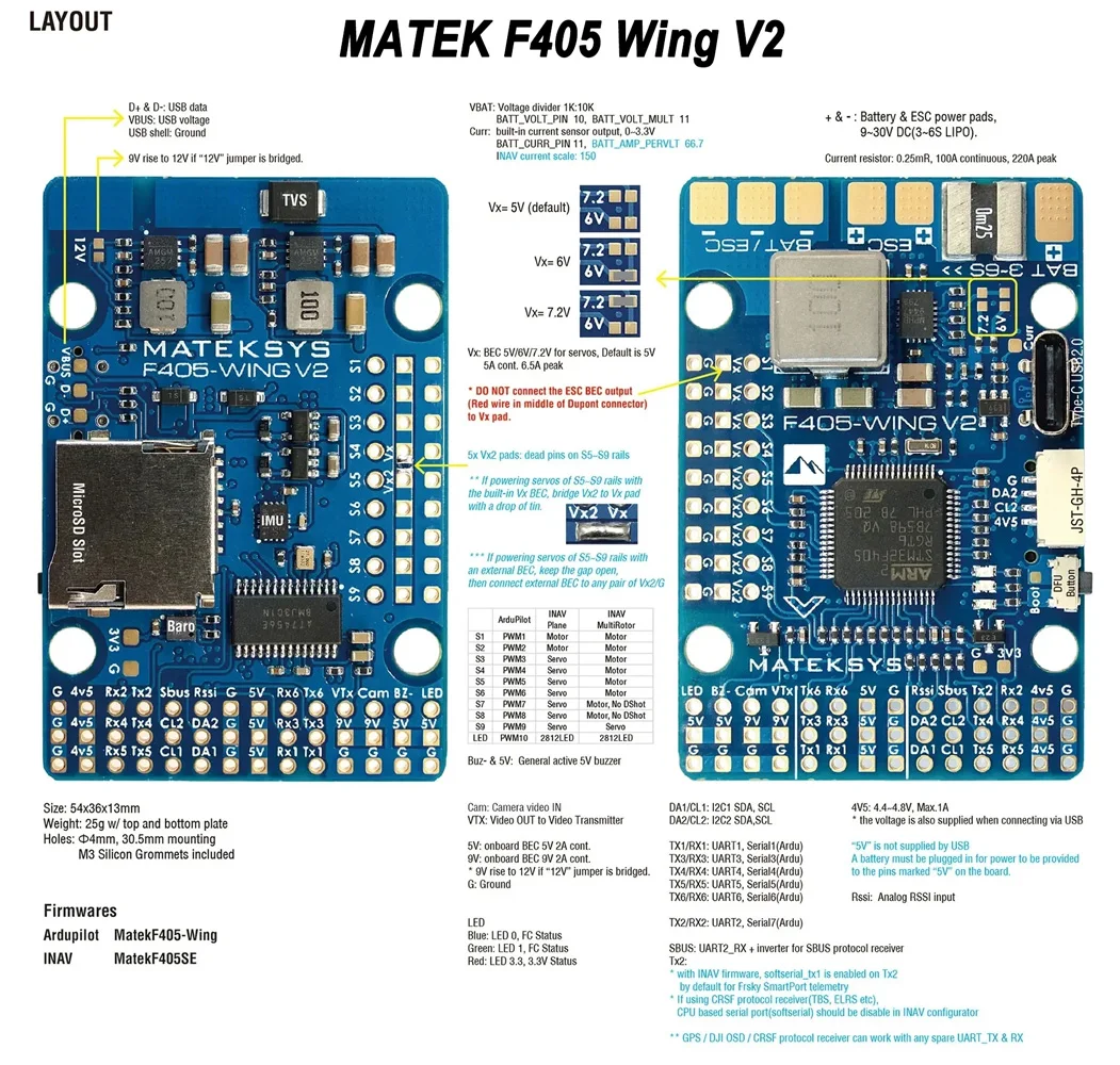 

Matek MATEKSYS F405 WING V2 STM32F405RGT6 Flight Controller Built-in ICM42688P OSD SD Slot For ArduPilot / INAV Rc Toy Airplane