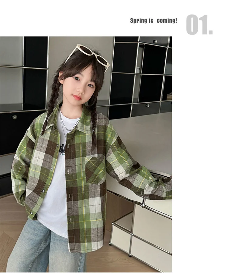 Koreanischer Stil, langärmliges kariertes Hemd für Teenager-Mädchen mit Tasche, neue Mode-Streetwear-Oberbekleidung für Kinder, Baumwollbluse für Kinder im Alter von 5-14 Jahren. – Detail 11