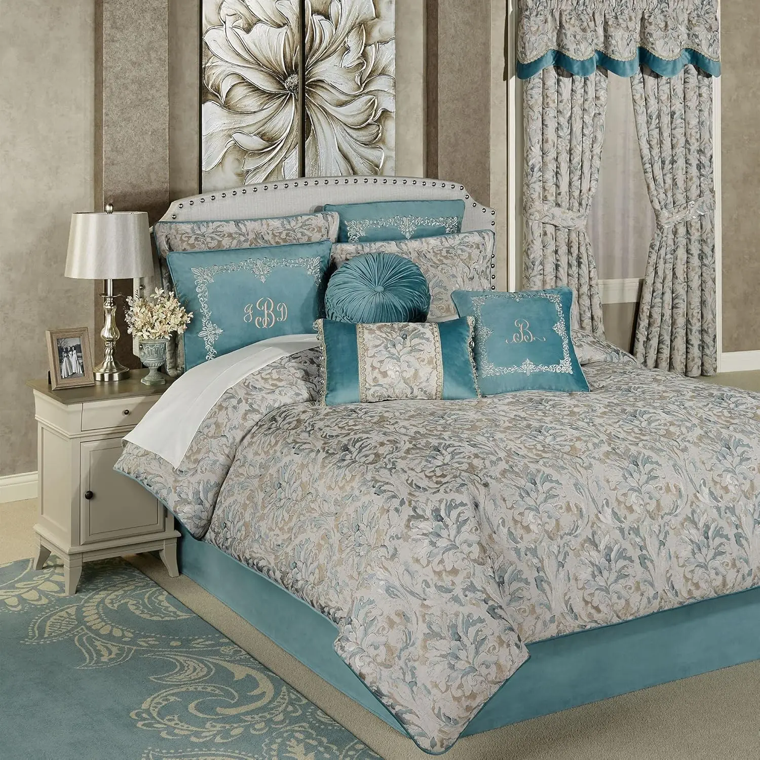 Touch Of Class Traditional Woven Jacquard Lansbury Pale Teal Comforter Set Queen - Made Of Polyester Linen - Luxury Style