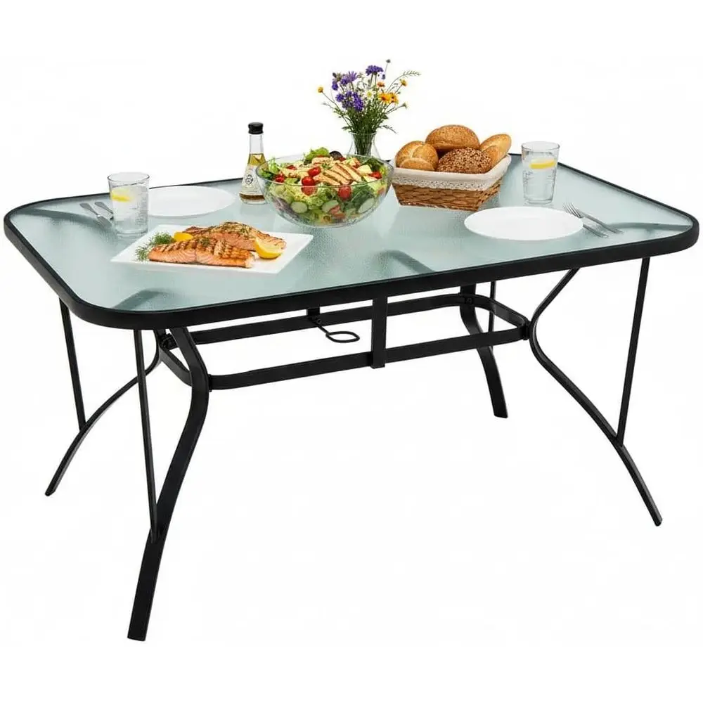 

55" Patio Dining Table or 6, RecOutdoor Dining Table with Tempered Glass Tabletop, Umbrella Hole & Metal e, 6-Person Outside Din