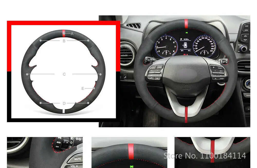 Hand-stitched Red Thread Black Suede Steering Wheel Covers for Hyundai Veloster i30 Elantra