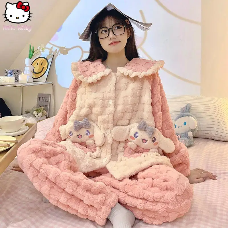 

Sanrio Girl Cinnamoroll Kuromi Warm Pajama Set Kawaii Cartoon Autumn Winter New Anime Student Doll Collar Thickened Home Clothin