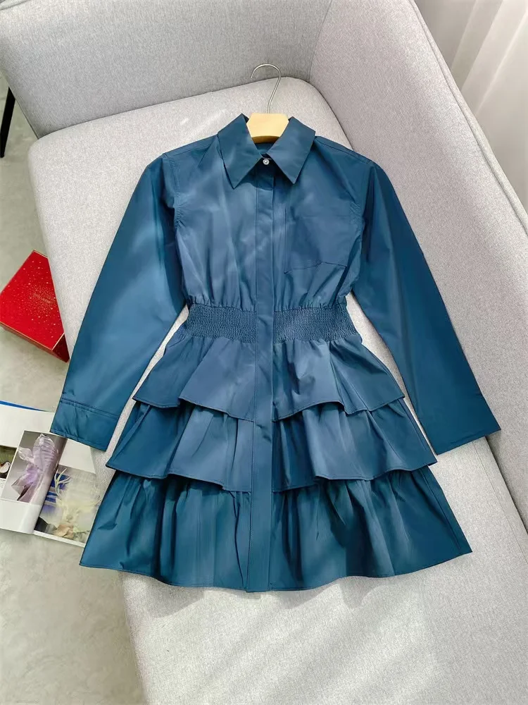 2024 Autumn New Fashion Shirt Collar Navy Blue Dress Women Elegant Ruffles High Waist Long Sleeve Mini Robe Ladies