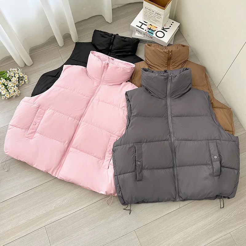 

Cropped Puffer Vest Women Lightweight Quilted Stand Collar Sleeveless Jackets Fall Winter Button Zip Up Coat