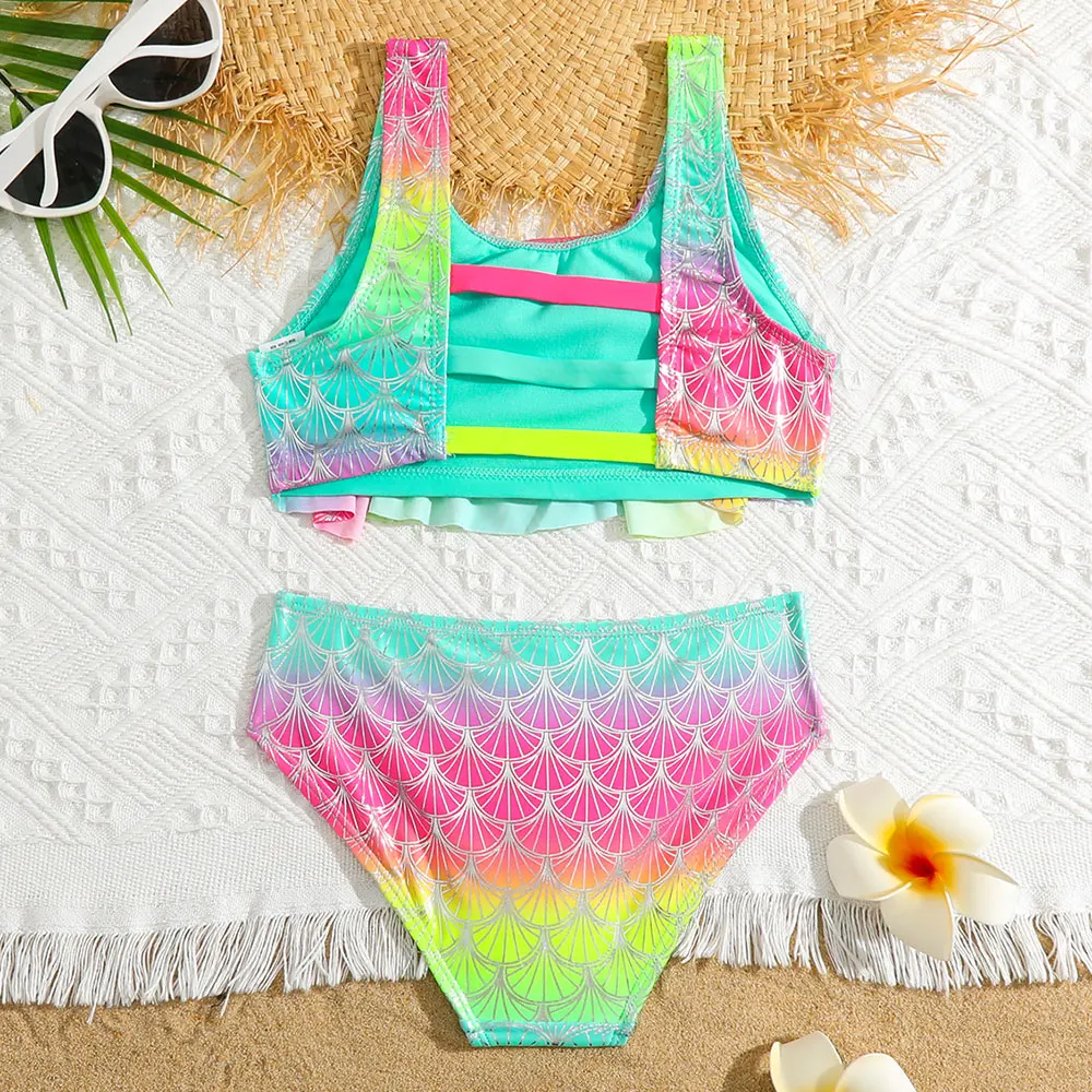 Girls Fish Scale Mermaid Bikini Swimsuit Kids Ombre Ruffle Two Piece Children\'s Swimwear 4-18 Years Teenagers Swim Bathing Suit