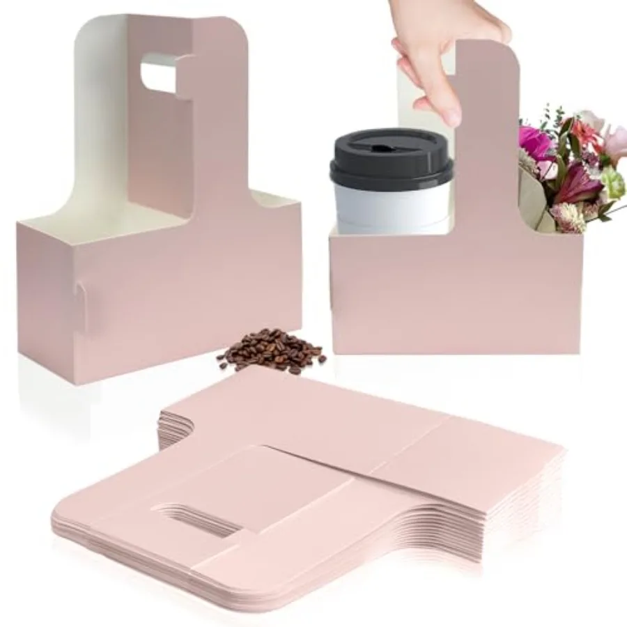 

2 Cup Disposable Drink Carrier for Delivery with Handle, 15 Count Pink Paperboard Cup Holder, Cup Carriers for Hot or Cold Drin