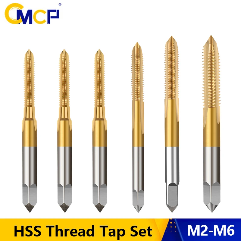 CMCP 6pcs HSS Titanium Machine Taps M2 M2.5 M3 M4 M5 M6 Straight Flute Metric Screw Plug Taps Hand Tool