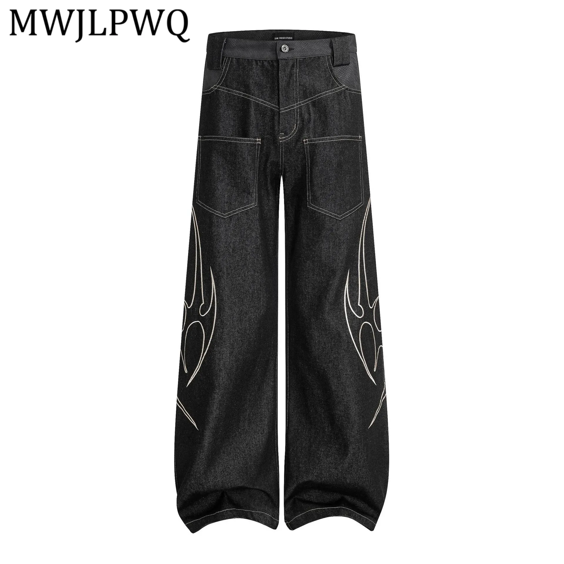

MWJLPWQ American RO Style Embroidered Jeans Men's High Street Heavy Washed Design Multi Pocket Wide-Leg Pants Trendy New 21947
